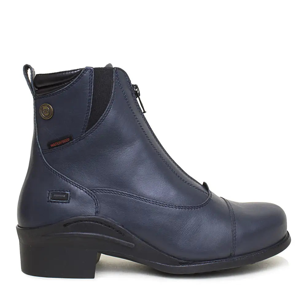 Navy leather bareback footwear idaho storm waterproof jodhpur riding boot with black zipper and heel shown from back side