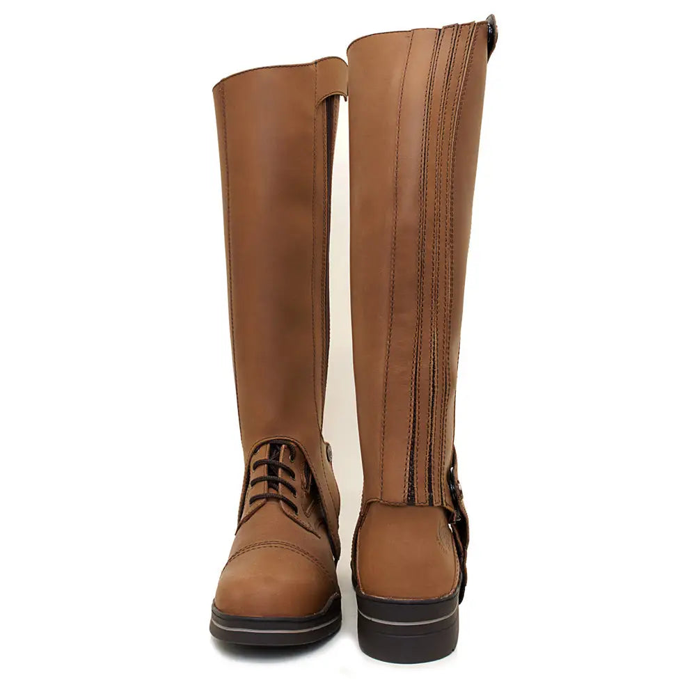 Brown leather bareback footwear kentucky half-chaps with black laces and zipper details perfect as short riding boots