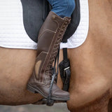 Brown leather kentucky long riding boot with tan paneling and lacing from bareback footwear kentucky collection