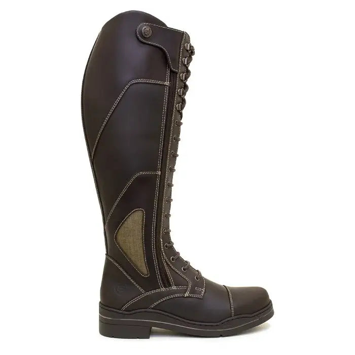 Dark brown leather kentucky long riding boot from bareback footwear kentucky with breathable mesh panel and stitching