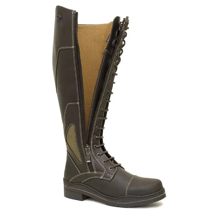 Dark brown leather kentucky long riding boot with tan mesh panel and black laces from bareback footwear kentucky