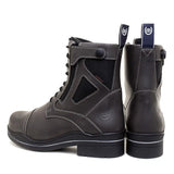 Dark gray leather bareback footwear kentucky storm waterproof ankle boots with black mesh panels and white stitching back view