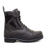 Dark gray leather bareback footwear kentucky storm waterproof ankle boot with black mesh panels and white stitching back view
