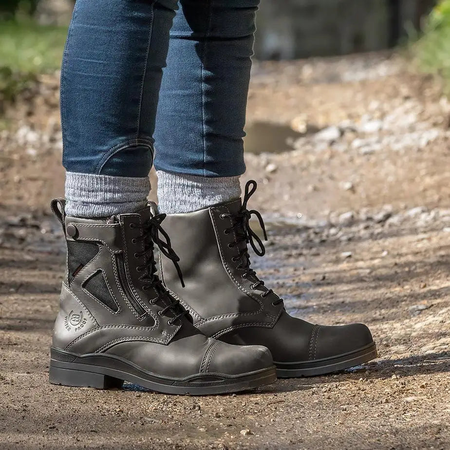Dark gray leather bareback footwear kentucky storm waterproof ankle boots with black laces and reinforced toe cap