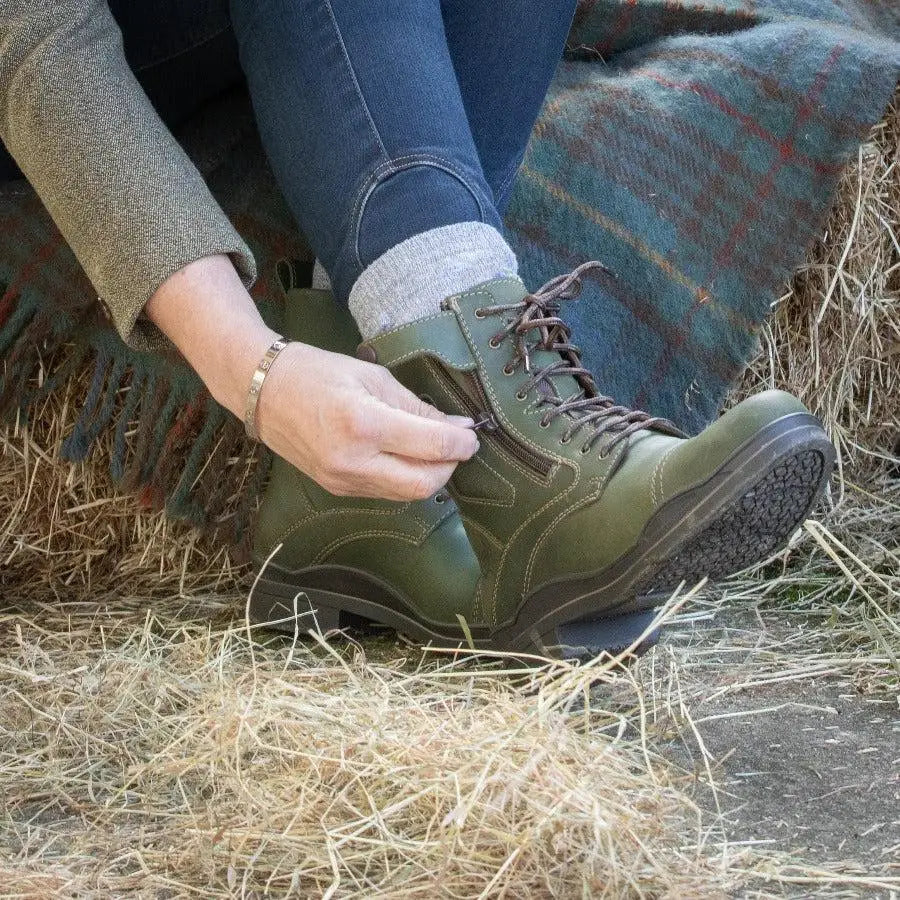 Olive green leather bareback footwear kentucky storm waterproof jodhpur boots with dark brown laces and rugged sole