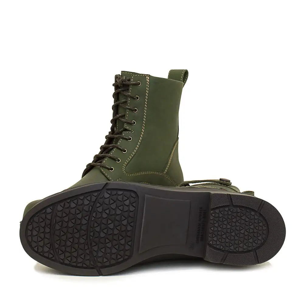 Olive green leather lace-up combat boot with black laces and textured sole from bareback footwear kentucky storm waterproof forest series