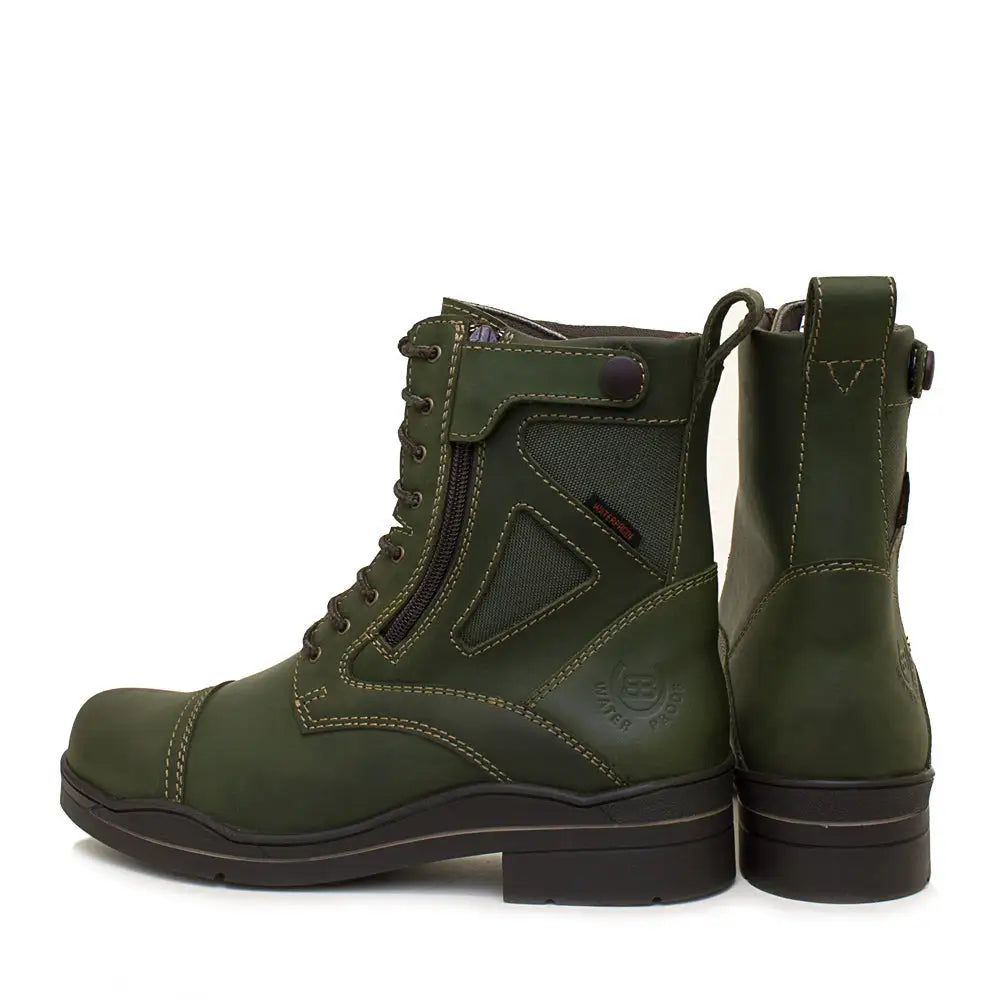 Olive green leather bareback footwear kentucky storm waterproof jodhpur boots with black accents and reinforced stitching