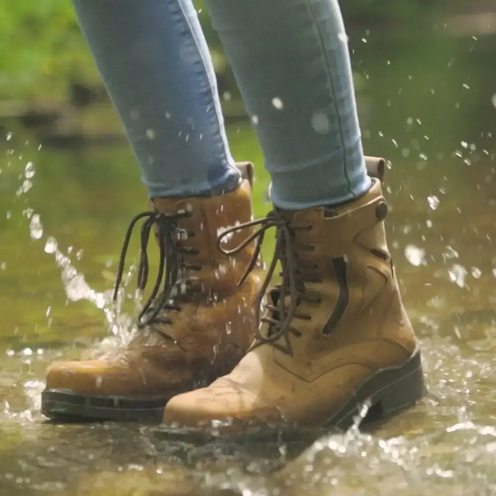 Tan leather lace-up kentucky storm waterproof jodhpur boots with dark laces and sturdy black sole from bareback footwear
