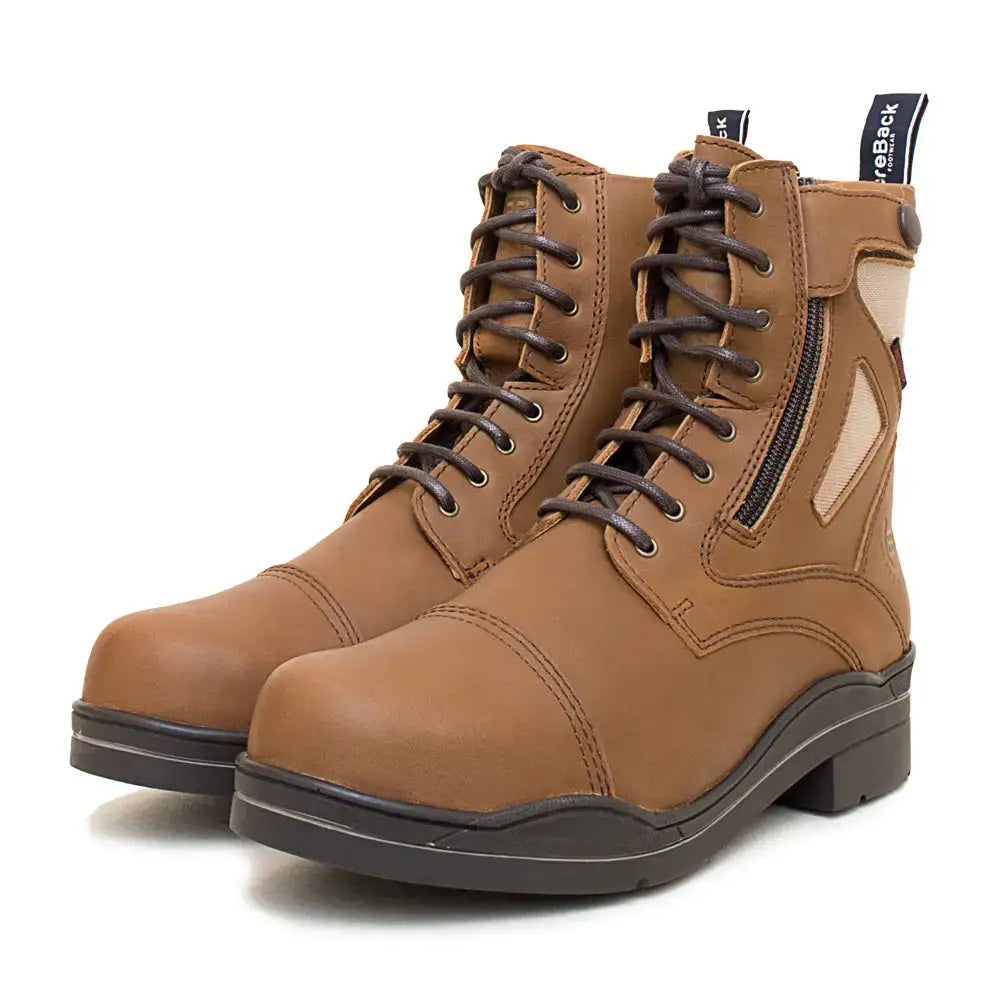 Tan leather storm waterproof jodhpur boots with dark brown laces, black sole, and side zipper for easy wear