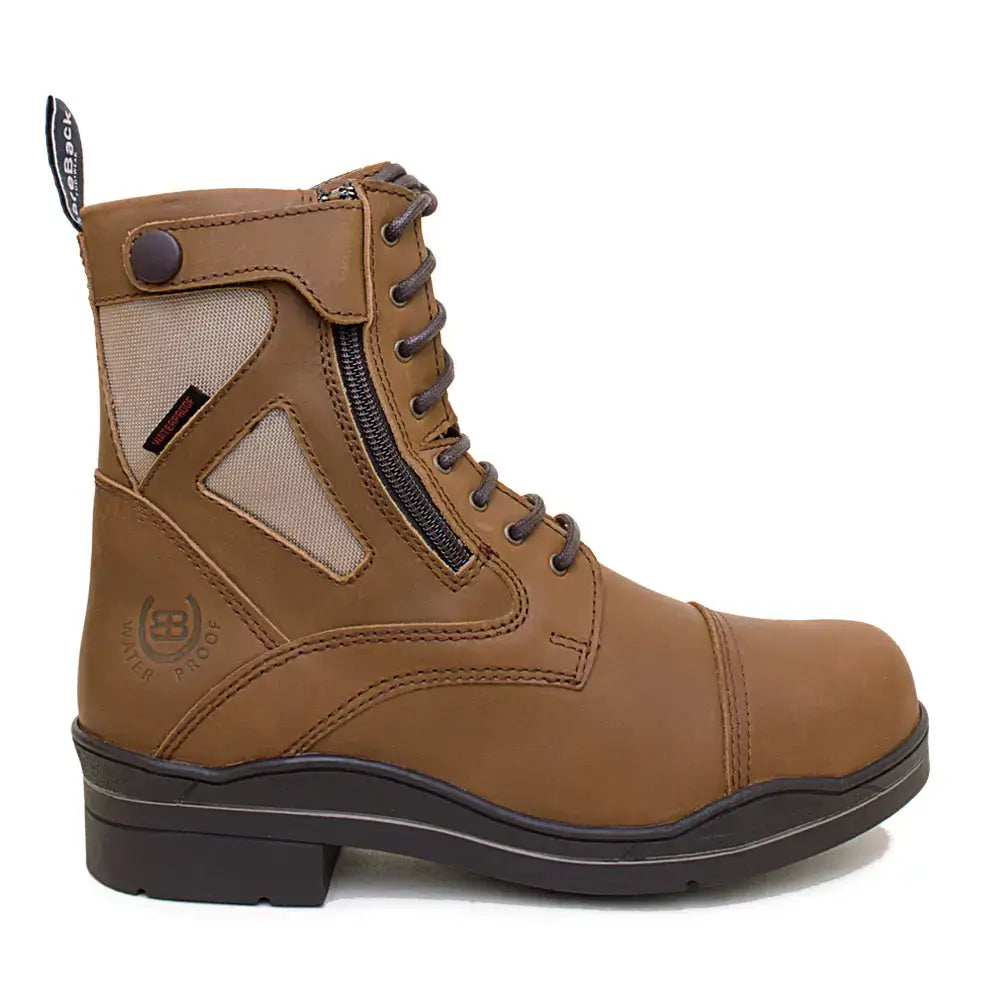 Back view of mocha brown leather kentucky storm waterproof jodhpur boots with mesh panels and breezecat logo on heel