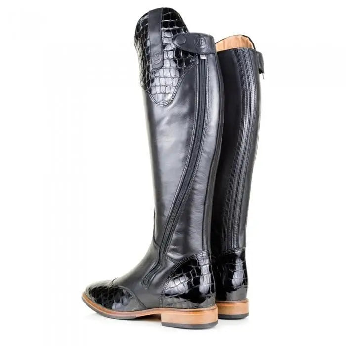 Black leather bareback footwear milan long dress riding boots with crocodile-patterned accents on upper heel and toe