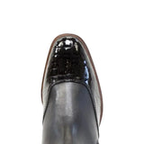 Black bareback footwear milan long dress riding boot with glossy crocodile patent toe and brown sole