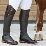 Dark brown glossy bareback footwear milan long dress riding boots with crocodile-patterned upper shaft panel black