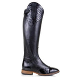 Black leather bareback footwear milan long dress boot with crocodile embossed panels on heel toe and upper