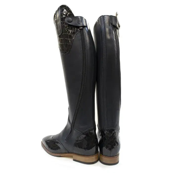 Back view of bareback footwear milan long dress riding boots blue with black glossy leather and crocodile-patterned accents