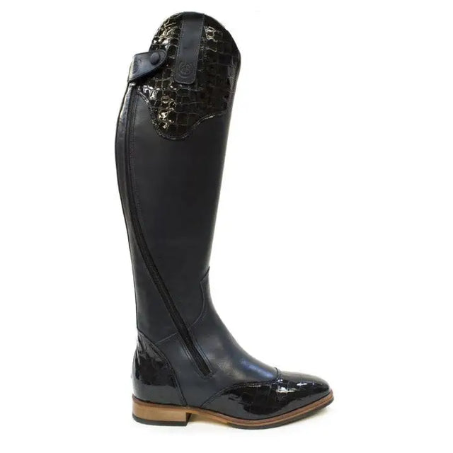 Bareback footwear milan riding boots blue with black glossy leather and crocodile pattern on upper shaft and dark brown sole