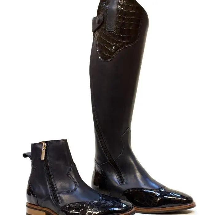 Bareback footwear milan long dress riding boots blue with black glossy leather and crocodile embossed accents