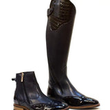 Bareback footwear milan long dress riding boots blue with black glossy leather and crocodile embossed accents