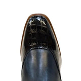 Black croc embossed patent leather riding boots blue with brown sole from bareback footwear milan long dress line