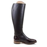 Black leather milan long dress riding boots brown with glossy crocodile embossed heel and toe cap by bareback footwear milan