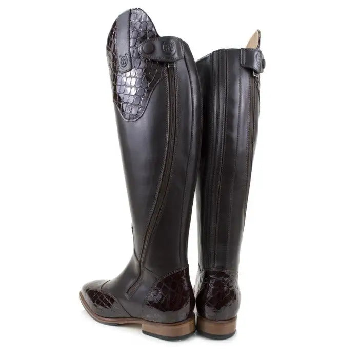 Black leather bareback footwear milan long dress riding boots brown with glossy crocodile-patterned accents