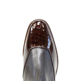 Bareback footwear milan long dress riding boots brown with brown croc embossed patent toe cap on dark gray suede