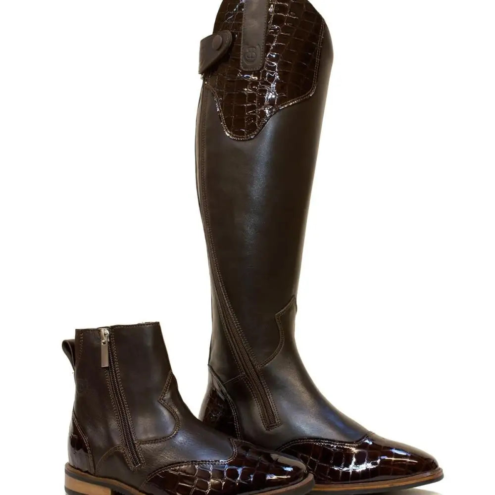 Bareback footwear milan long dress riding boots brown with dark brown leather and glossy crocodile embossed accents