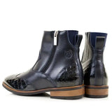 Dark blue bareback footwear monroe ankle boots with croc embossing silver zipper and contrasting tan vibram sole