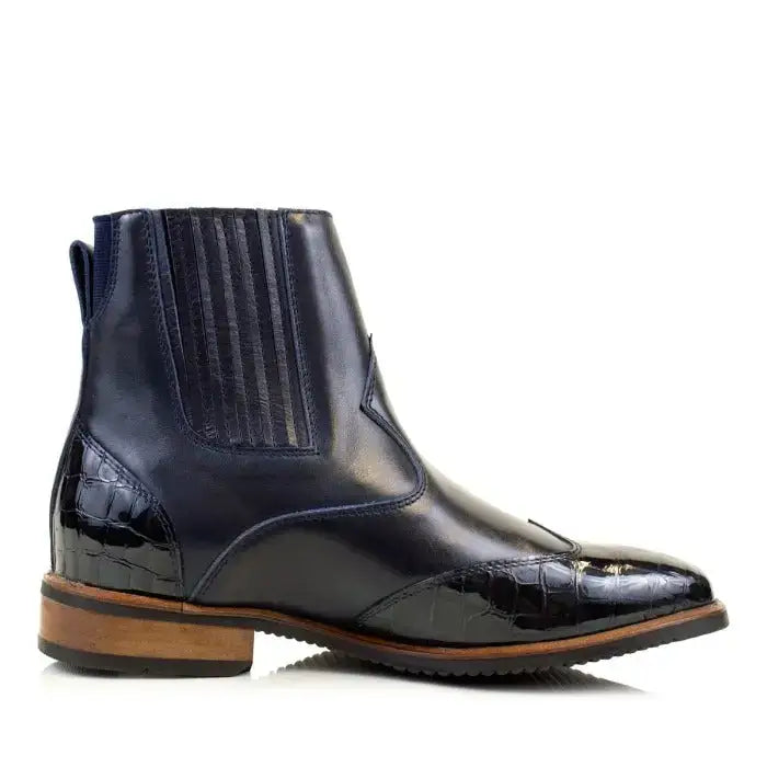 Bareback footwear monroe blue short boot in dark blue patent leather with crocodile detailing vibram sole