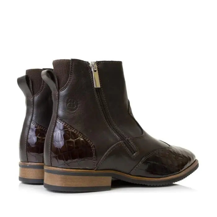 Dark brown croc-embossed leather ankle boots with glossy finish and tan vibram sole from bareback footwear monroe