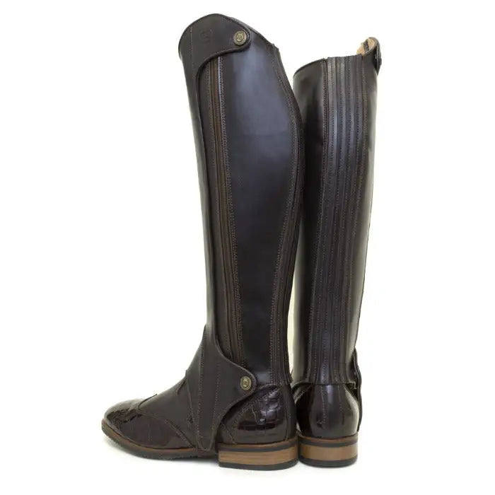 Bareback footwear monroe brown short boot in dark brown leather with glossy finish and crocodile-textured toe caps