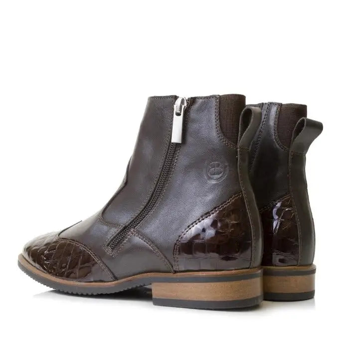 Dark brown leather ankle boots with glossy crocodile embossing and silver zipper pull from bareback footwear monroe