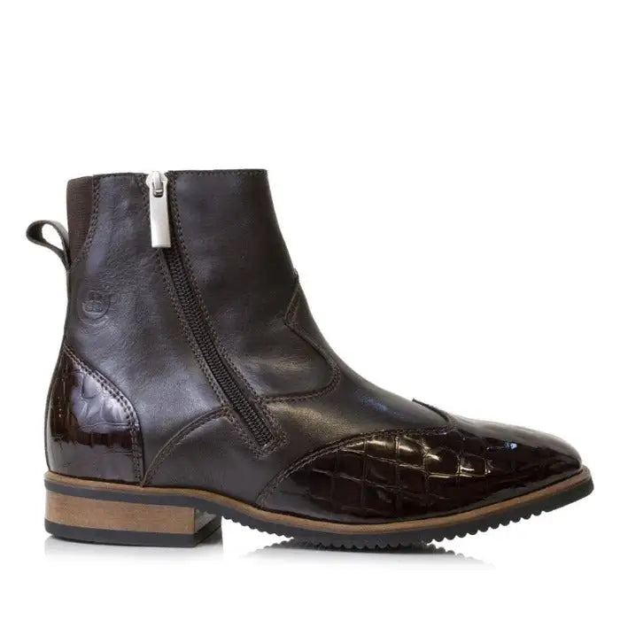 Dark brown croc-embossed leather ankle boot with silver zipper and wooden vibram sole from bareback footwear monroe
