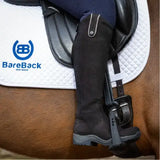 Black bareback footwear montana riding boots with textured upper gray sole and silver buckle detail on the side