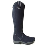 Dark navy blue montana riding boots with side zipper, gray stitching, wide calf footwear, and sheepskin insole