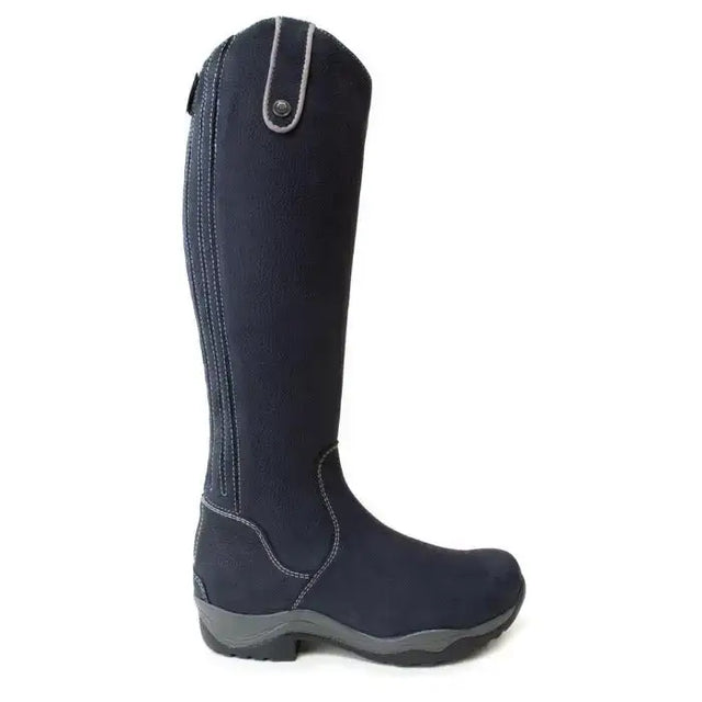 Dark navy blue montana riding boots with side zipper, gray stitching, wide calf footwear, and sheepskin insole