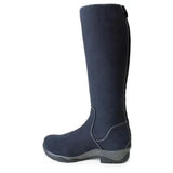 Dark navy suede montana riding boots with wide calf, subtle stitching, sturdy sole, and comfy sheepskin insole