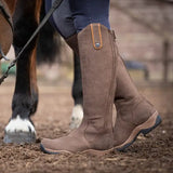 Brown suede bareback footwear montana riding boots with tan zipper pull and black rubber soles steel shank footwear