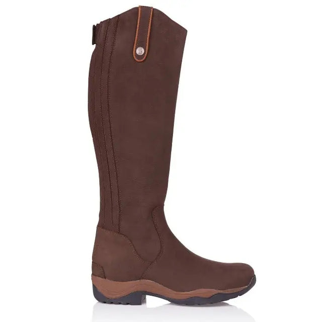 Brown suede montana riding boots with tan leather strap and silver button detail from bareback footwear montana steel shank footwear