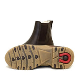 Dark brown leather bareback footwear ottawa storm waterproof short boot with tan sole and red horseshoe logo on heel back view