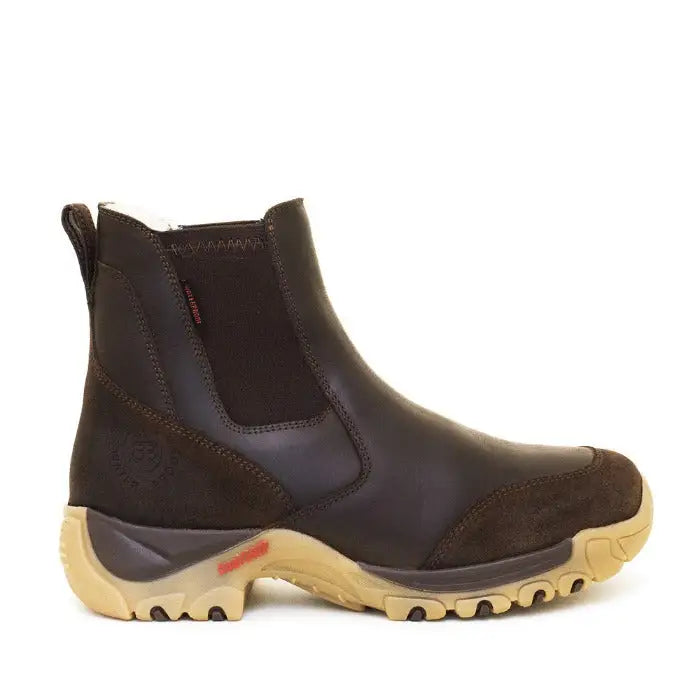 Dark brown leather bareback footwear ottawa storm waterproof chelsea boot with tan sole and red heel accent