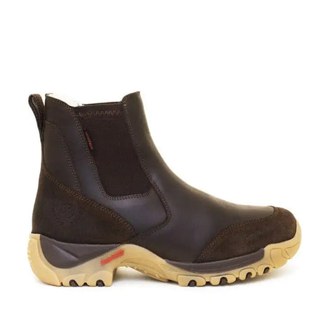 Dark brown leather bareback footwear ottawa storm waterproof chelsea boot with tan sole and red heel accent
