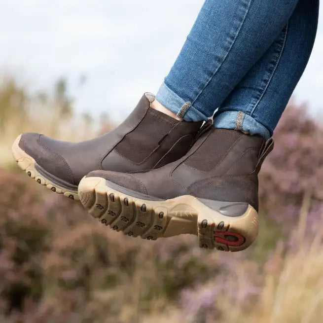 Brown suede bareback footwear ottawa chelsea boots with tan rubber sole and red logo detail otawa storm waterproof