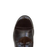 Dark brown leather cap toe phoenix long riding boots with polished finish and subtle brogue detailing by bareback footwear phoenix