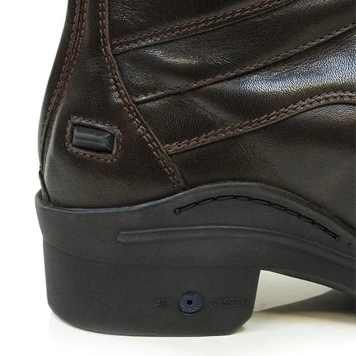 Dark brown leather phoenix long riding boot with black rubber sole featuring air system vent by bareback footwear phoenix