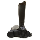 Dark brown leather phoenix long riding boots with stitched collar and black rubber soles by bareback footwear phoenix