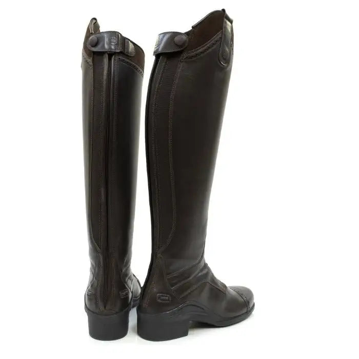Dark brown leather phoenix long riding boots with zipper and button closure by bareback footwear phoenix