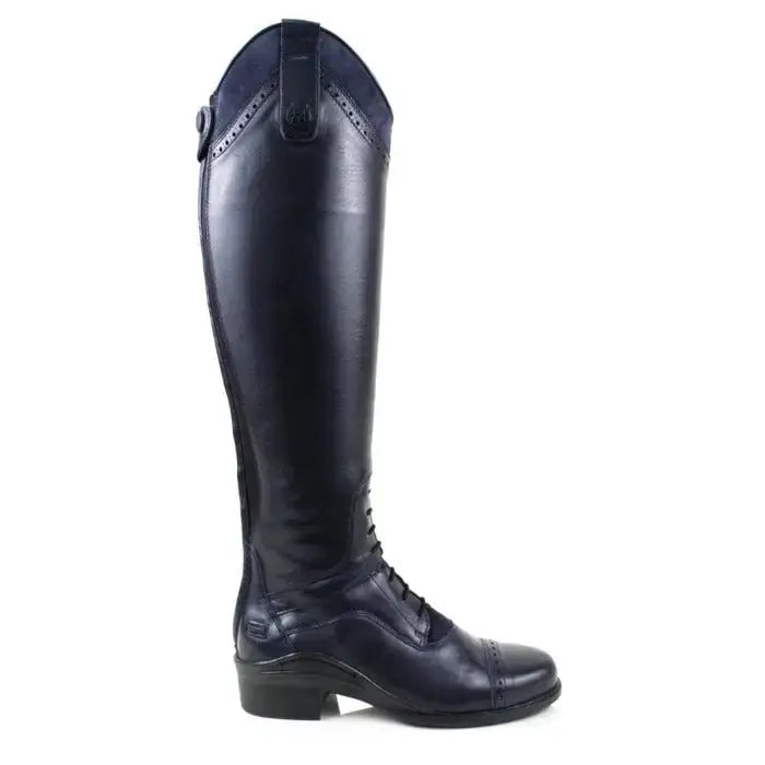 Dark navy leather phoenix long riding field boots by bareback footwear phoenix with polished finish and brogue detailing