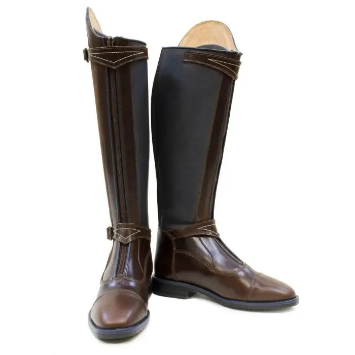 Brown leather long riding boots with glossy finish and black panels from bareback footwear piaffe collection