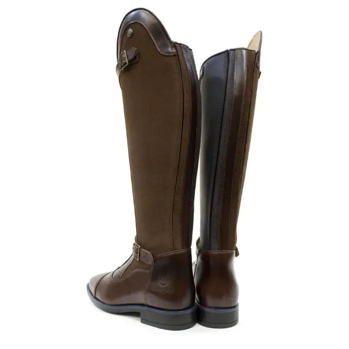 Brown leather piaffe long riding boots from bareback footwear with polished finish and dark brown side accents